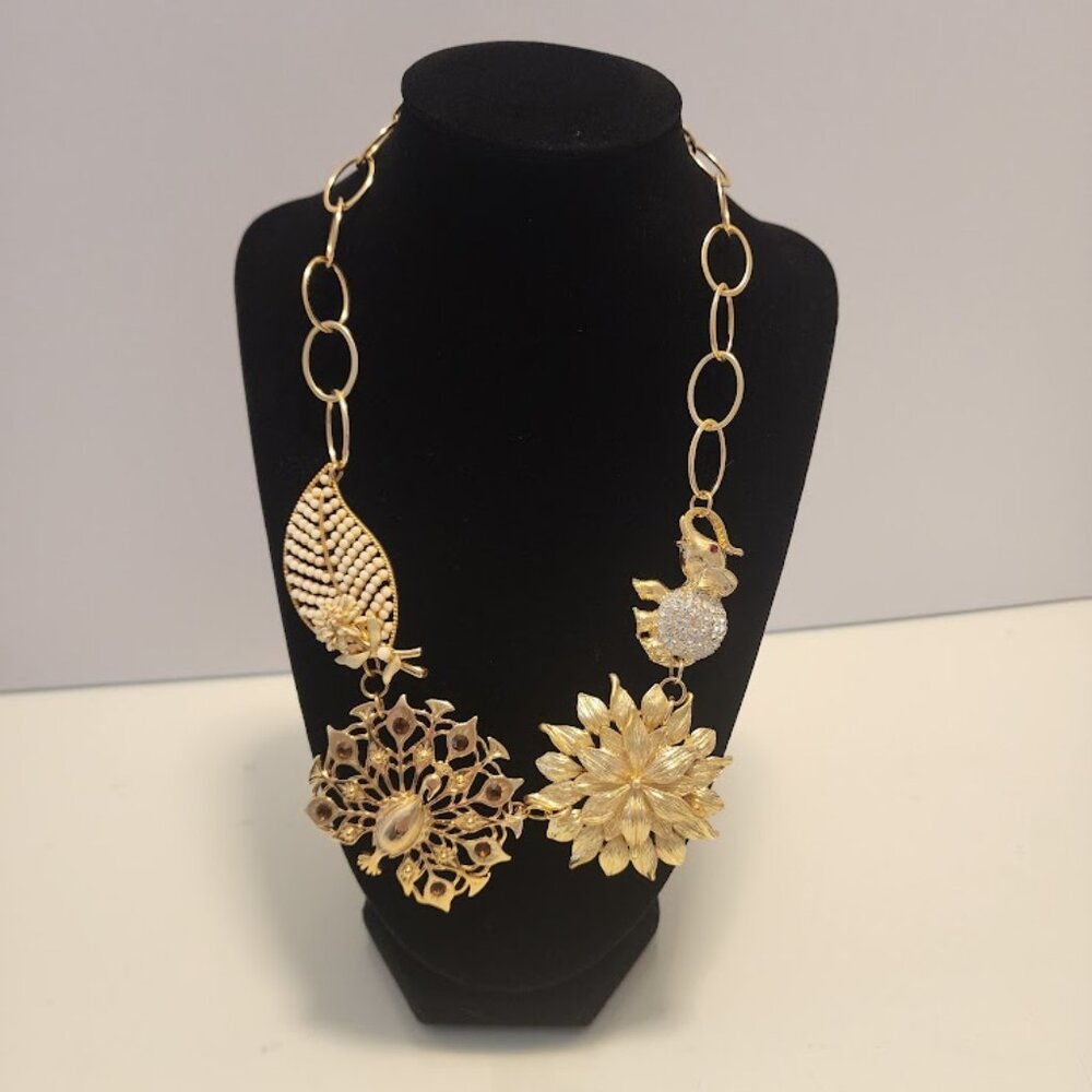 Chunky Bib Statement Necklace with Elephant, Flower, Leaf and Peacock